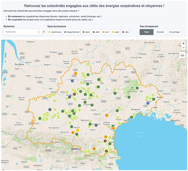 carte des collectivités engagées dans les projets d'énergie citoyenne